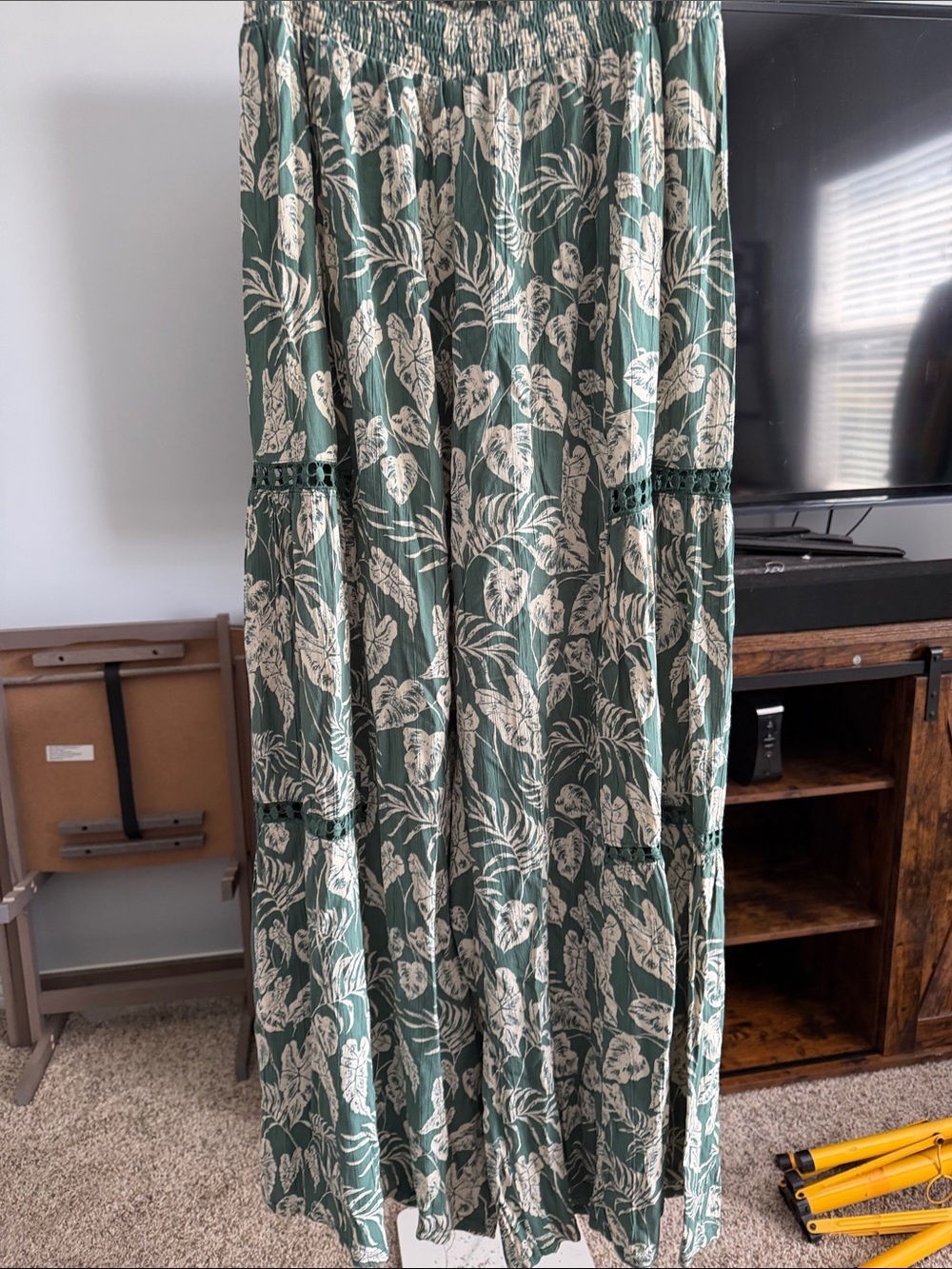 Angie Green and Cream Botanical Tiered Maxi Skirt